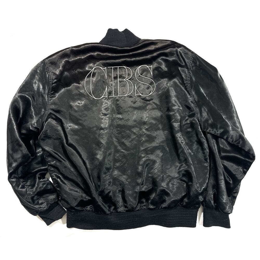 Vintage CBS Satin Bomber Jacket Black Snap Front Crew Style 80s–90s TV Network - Picture 3 of 11